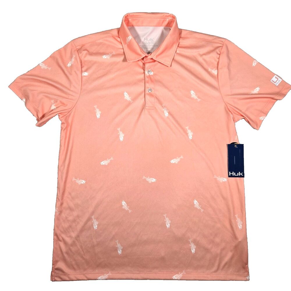 Huk Men's Fresh Bones Pursuit Performance Polo Peach Nectar Size Medium New